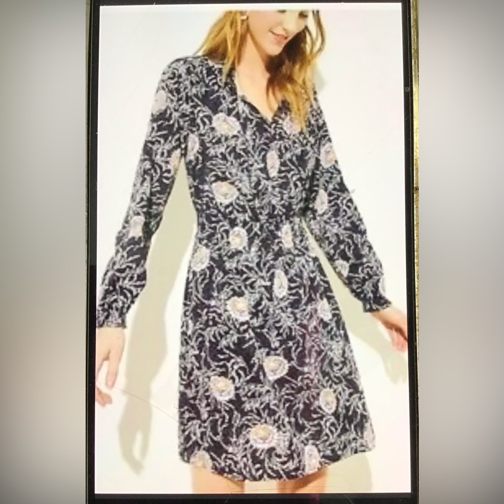 Loft Womens Black Floral Long Sleeve Elastic Waist Mini Dress Size 22 100% Rayon